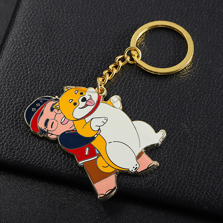 Custom Metal Hard Enamel Fancy Cartoon Keyring in Gold Color